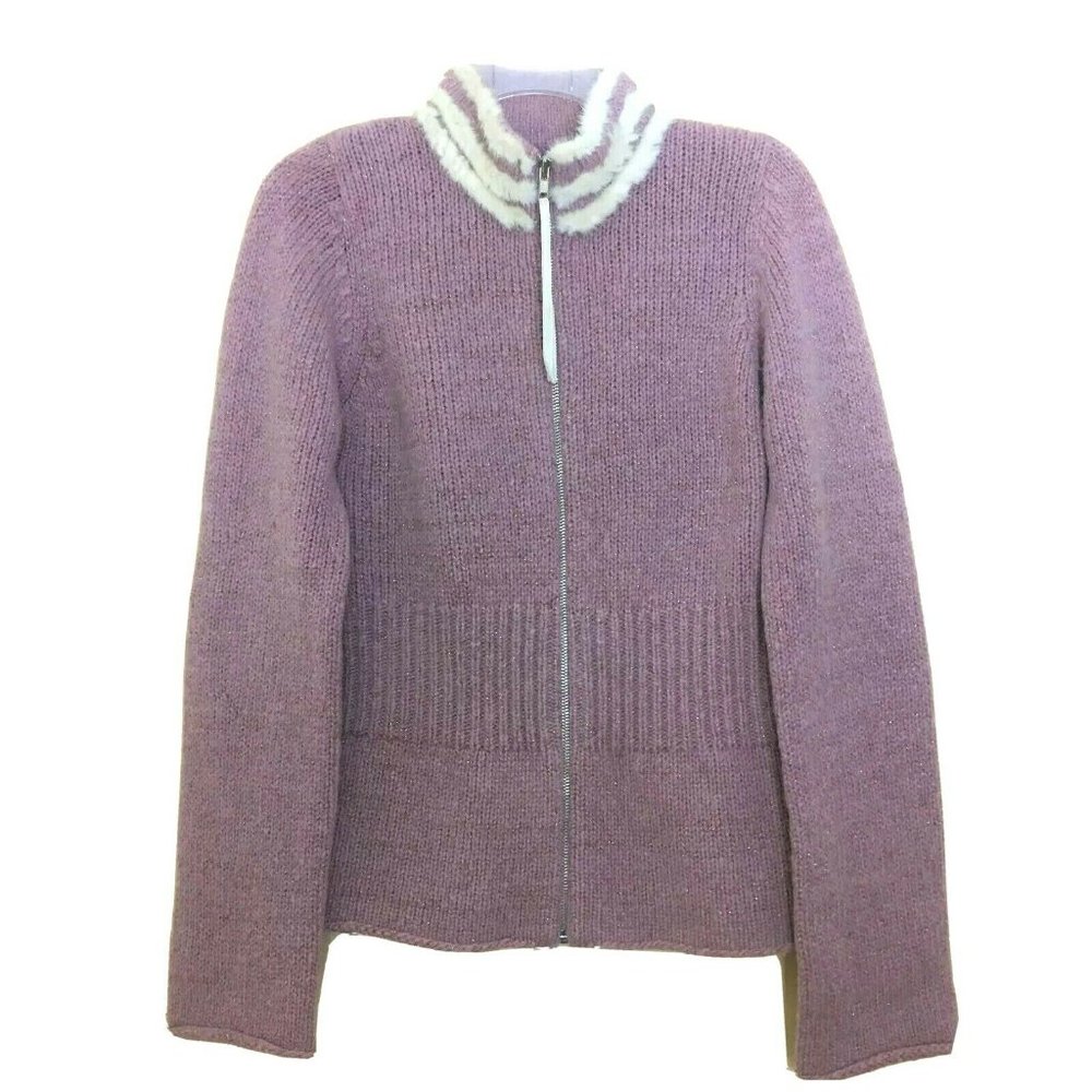 Day Birger et Mikkelsen Merino Wool Fur Trim Zip Cardigan Sweater Cozy Slim Fit